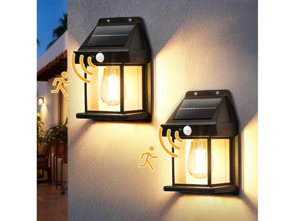 KIT com 2 LUMINÁRIAS solares de parede, 3 modos, sensor de movimento para pátio e garagem AQUAFORGE