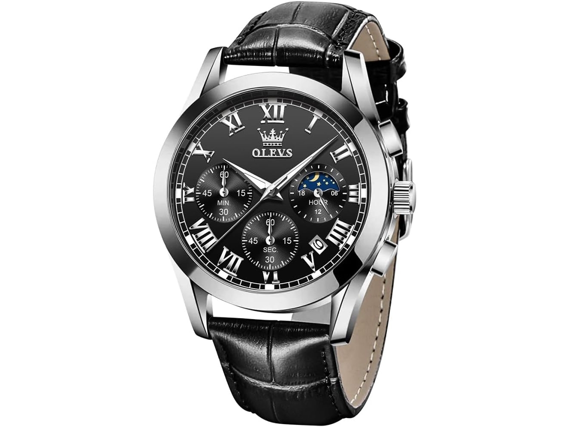 Lurelia Relógio Cronógrafo Masculino, Movimento De Quartzo, Data/calendário, Luminoso, Couro, Resistente À Água 30m, Preto, Dourado