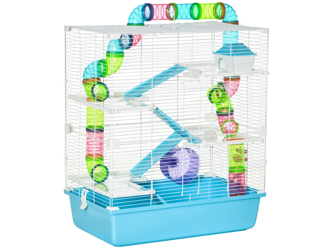 Gaiola para Pequenos Animais com 5 Níveis, Rampa e Roda, Azul e Branco 59x36x69cm S/MARCA