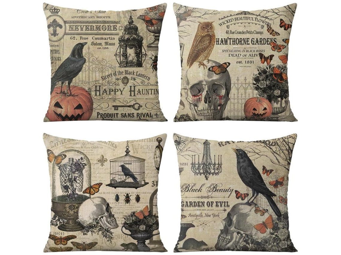 Conjunto de 4 capas de travesseiro Nova Line Halloween com aves, caveira, abóbora 18x18