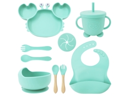Conjunto 9 Peças Louça De Bebé Em Silicone Verde Menta: Prato Caranguejo, Antiaderente, Bpa-free Para Blw