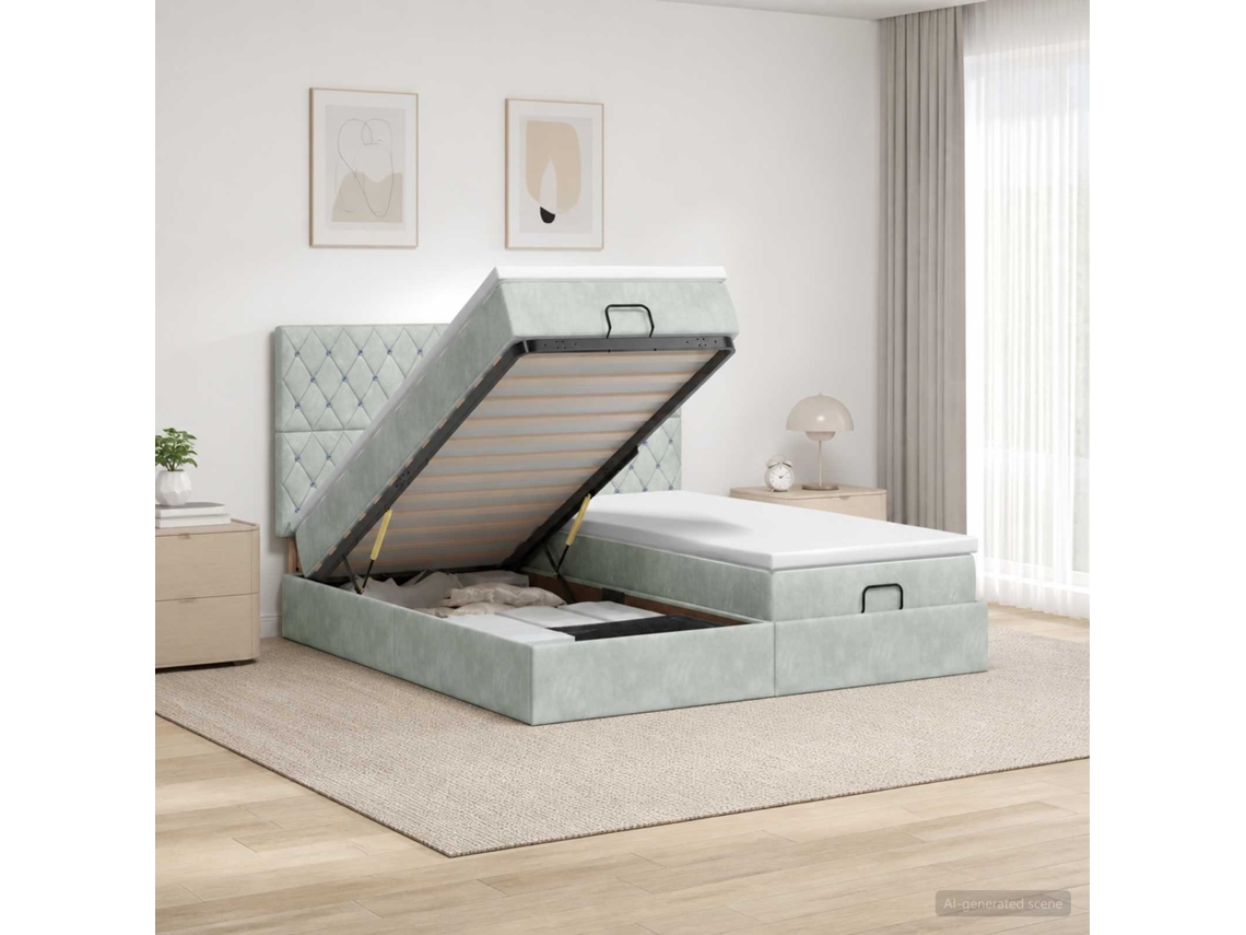 Vidaxl Cama Ottoman Com Colchão E Led Cinzento-claro 200 X 200 Cm