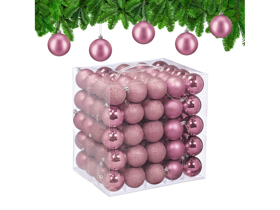 Relaxdays Bolas De Natal Em Conjunto De 100, Plástico, D: 6 Cm, Decoração De Natal, Enfeites Inquebráveis, Rosa