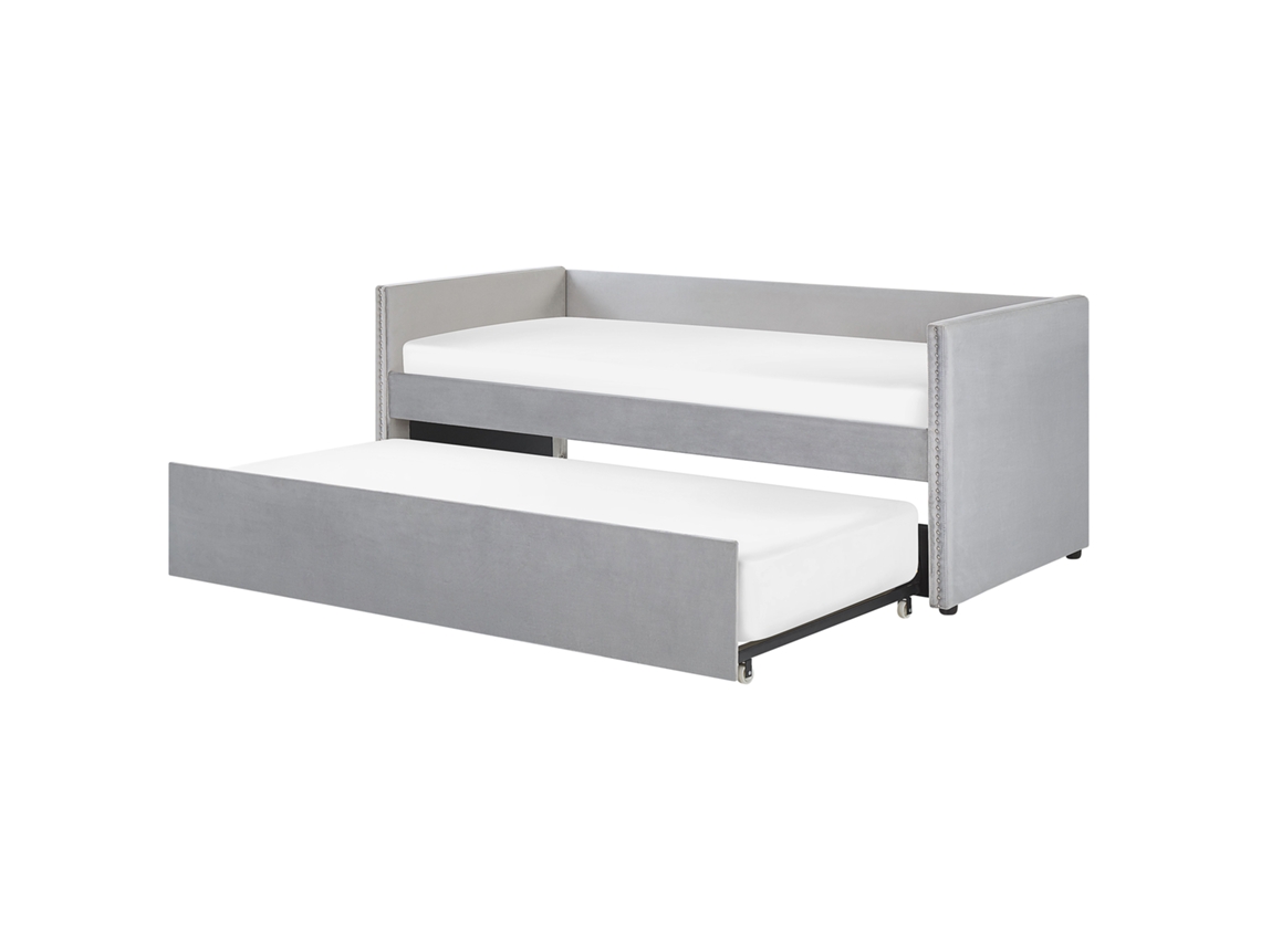 Cama Gavetão Com Tachas Decorativas Beliani Troyes De Veludo Cinzento Claro 90x200