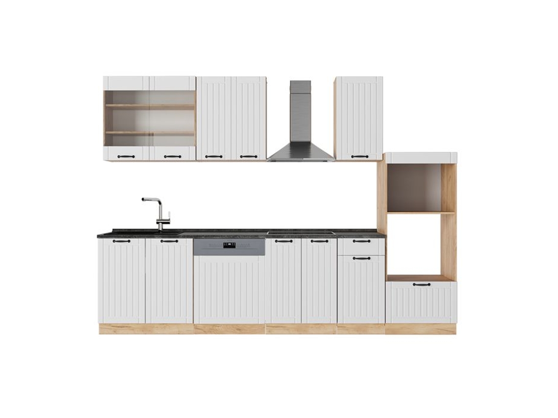 Cozinha Fame Line, 300cm Com Armário Alto, Pt Antracite, Branco Campestre, Carvalho Dourado, Vicco