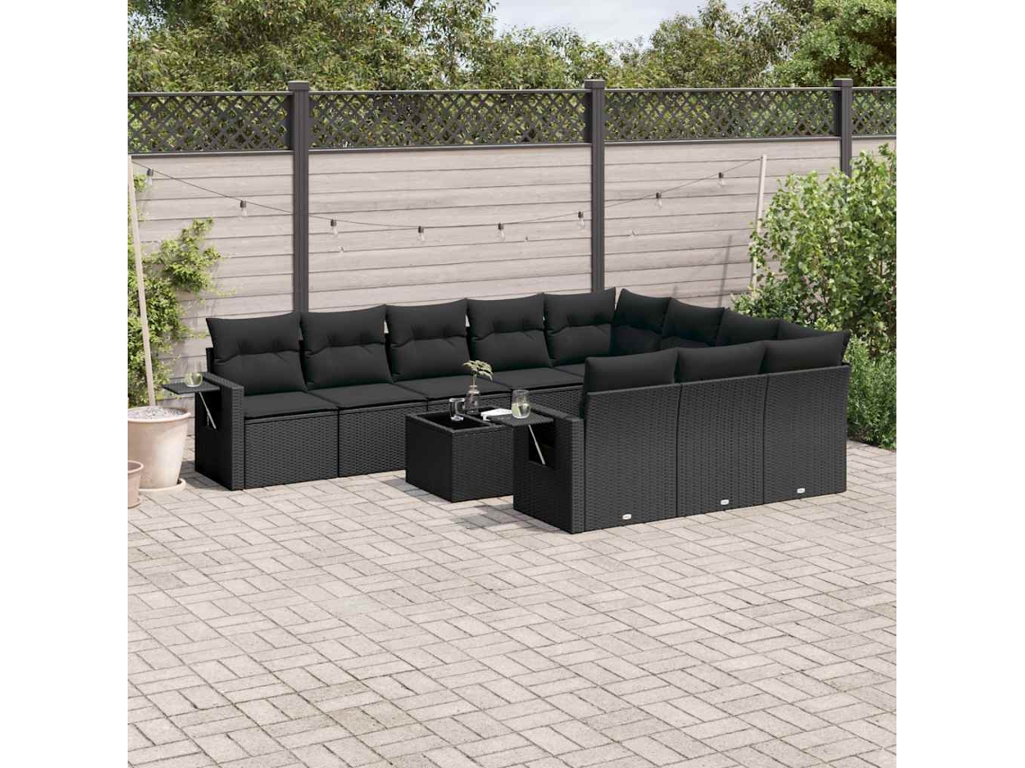 Vidaxl 11 Pcs Conjunto Sofás De Jardim C/ Almofadões Vime Pe Preto