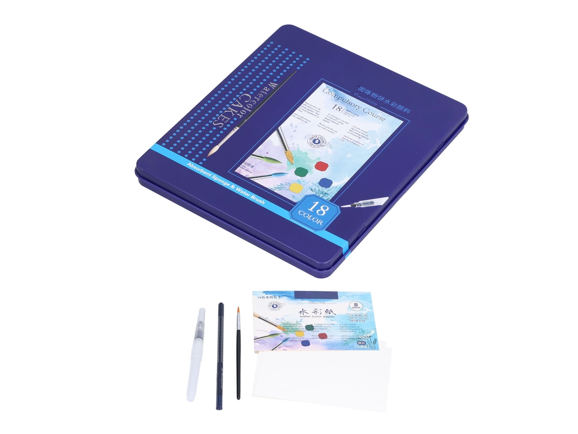 Conjunto de tinta aquarela infantil com 12/18 cores, secagem rápida, difusão uniforme e material seguro.