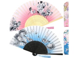 Conjunto de 2 Leques Dobráveis Pequenos Vintage Chinês Japonês Bambu Seda Para Dança, Espetáculo, (0302)