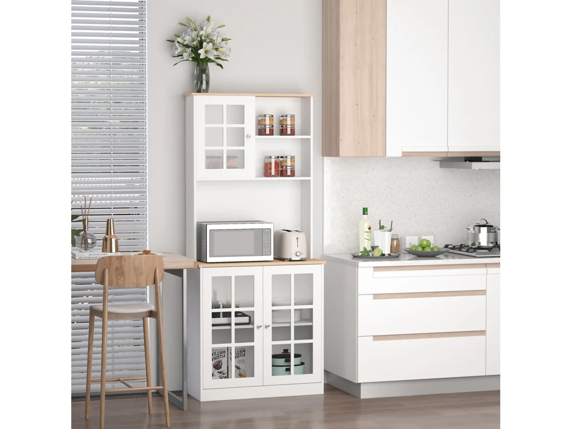 Armário De Cozinha Com Prateleiras E Portas De Vidro Armário Alto De Cozinha Para Pequenos Eletrodomésticos E Louças 80x37x183 Cm Branco