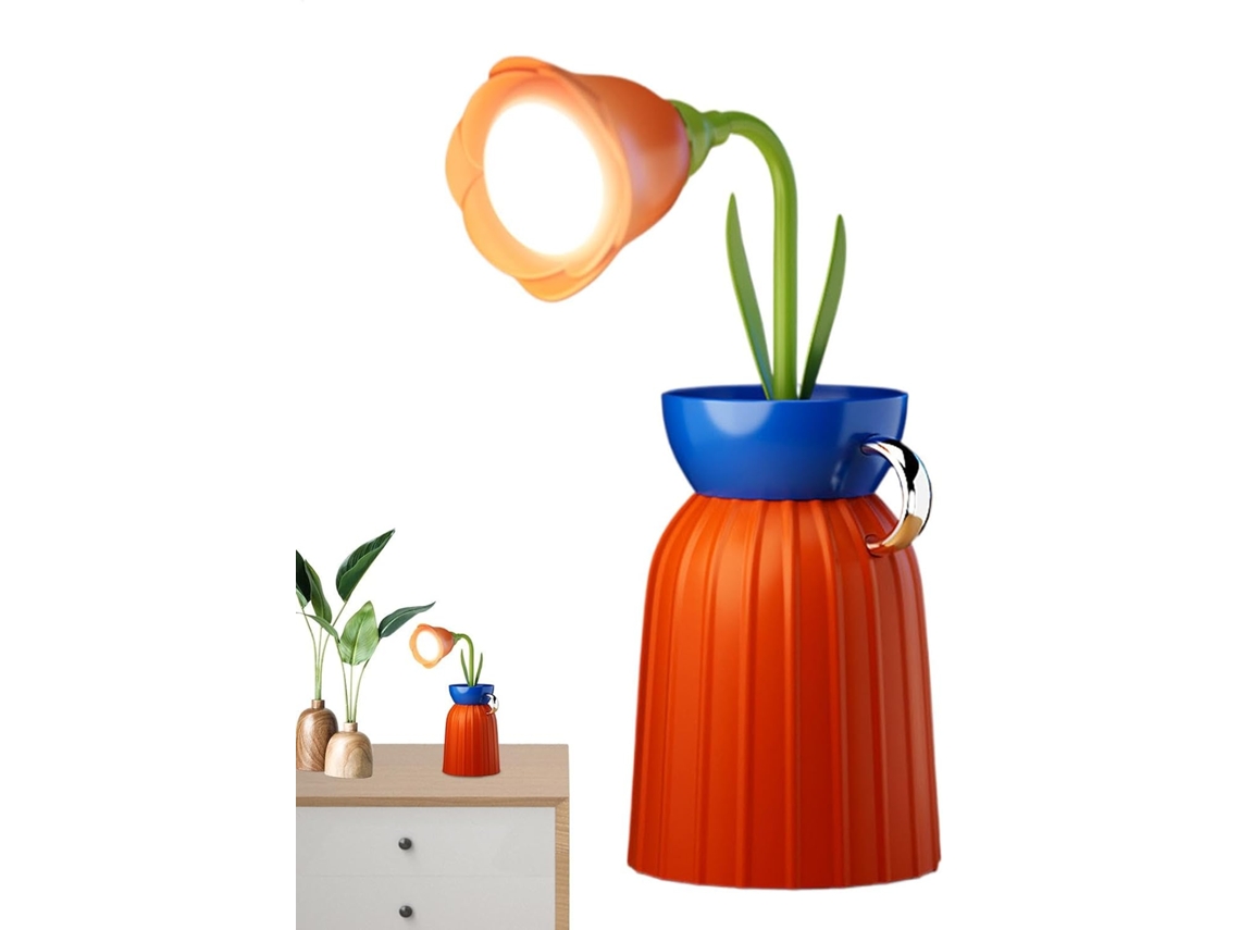Mesa com base em formato de flor, sensor de toque e alça flexível.