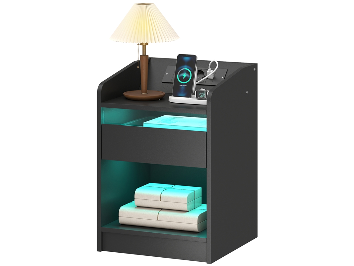 Mesa De Cabeceira Com Luzes Led Gaveta Prateleira Estação De Carregamento Entrada Usb E Controlo Remoto 40x40x58 Cm Branco