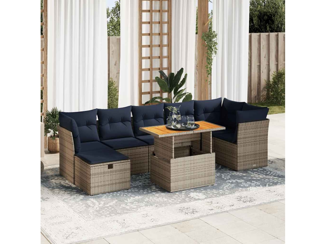 Vidaxl 8 Pcs Conj. Sofás Jardim C/ Almofadões Vime Pe/acácia Castanho