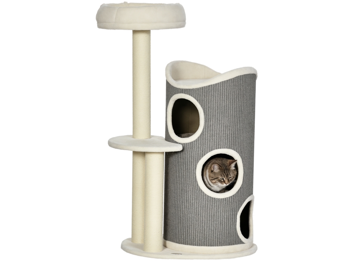 Arranhador com Cama de Gato e Barril de Arranhão para Gatos, 60 Cm X 44,5 Cm X 109 Cm, Cinza + Natural + Branco Ge