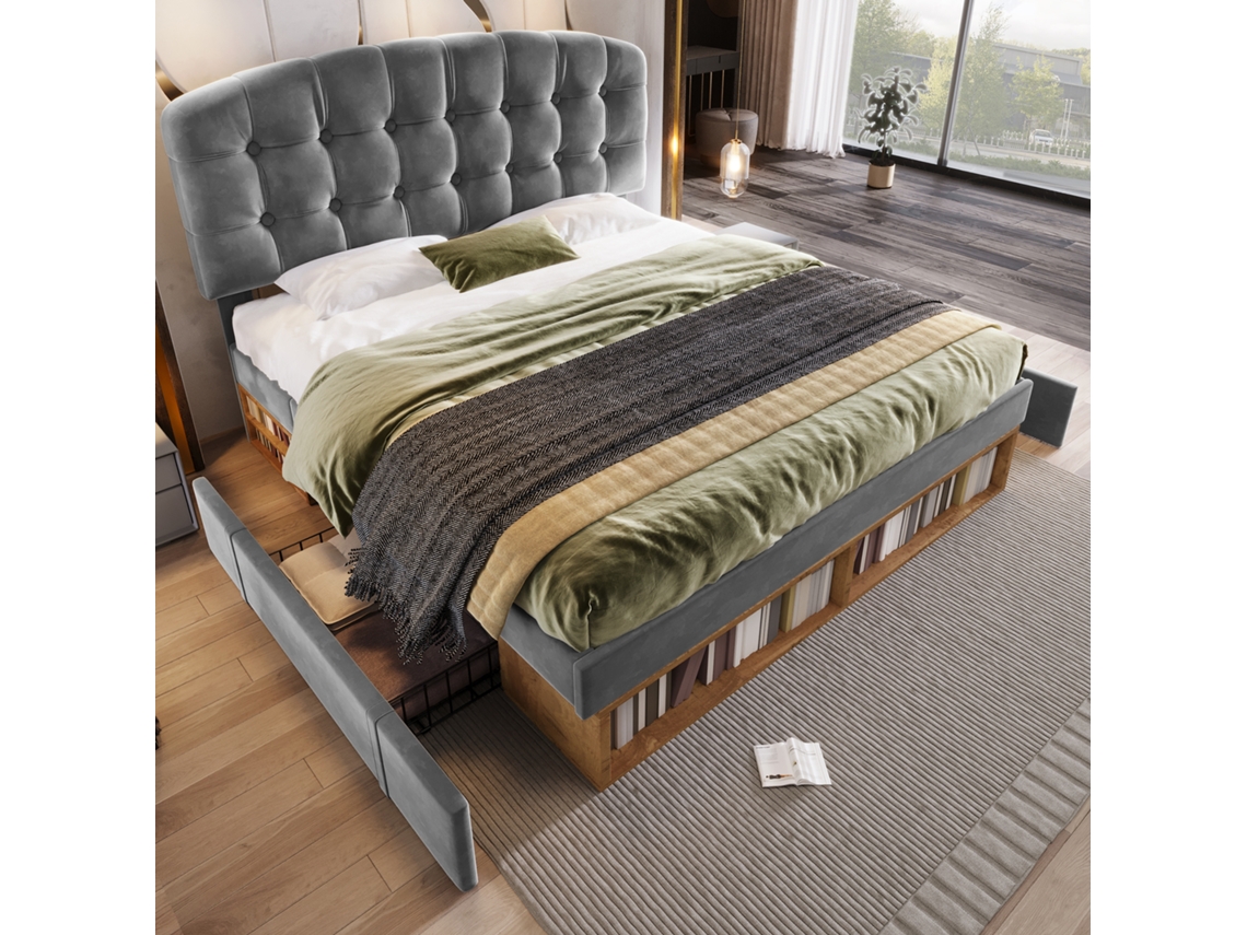Cama de Casal 140x200 Cm em Veludo Cinza, Ripas, Cabeceira Curva Ajustável, Gavetas, Colchão Não Incluído VSOGA