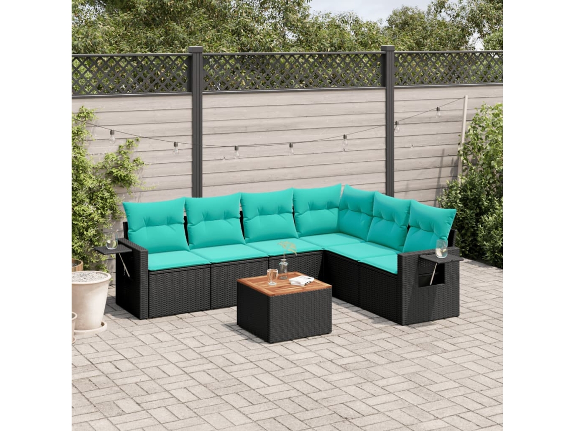 Vidaxl Conjunto De Sofá De Jardim Com 7 Peças E Almofadas Em Rattan Sintético Preto