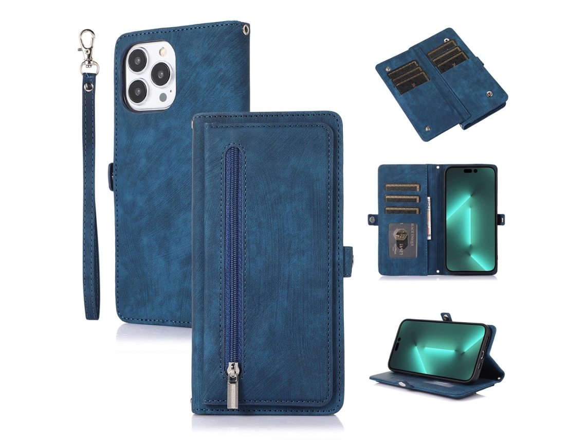 Capa Para Iphone 15 Pro Max Pele Sintética Com Porta-cartões Azul