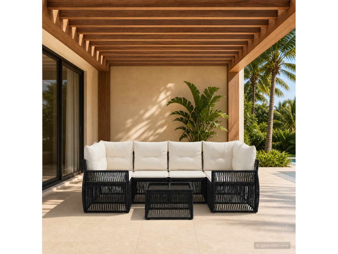 Vidaxl Conjunto De Sofá De Jardim 7 Unid. Preto Vime Pe