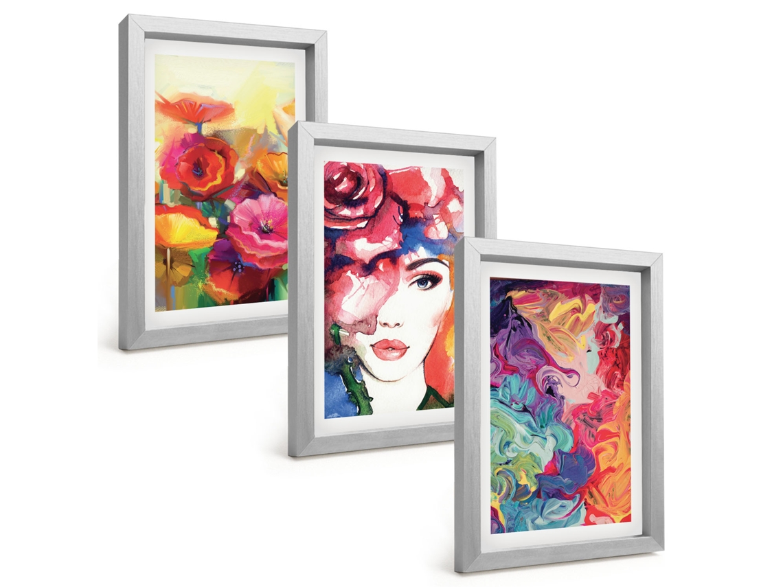 Composição De Quadros Flores, Retrato Intenso De Uma Mulher Espelharte (3 Peças 20x30 Cm)