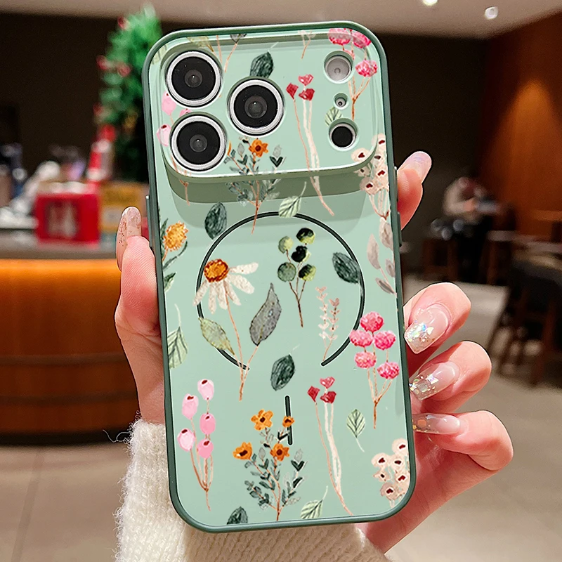 Capa Magnética Para Iphone 17 Pro Max Com Estampa Floral (verde), Capa Traseira Rígida Em Tpu E Pc.