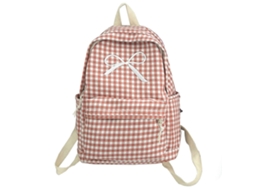 Mochila Feminina Estilo Japonês Com Estampa Xadrez, Grande Capacidade, Com Laço Charmoso, Ideal Para Escola E Uso Diário, Na Cor Rosa.