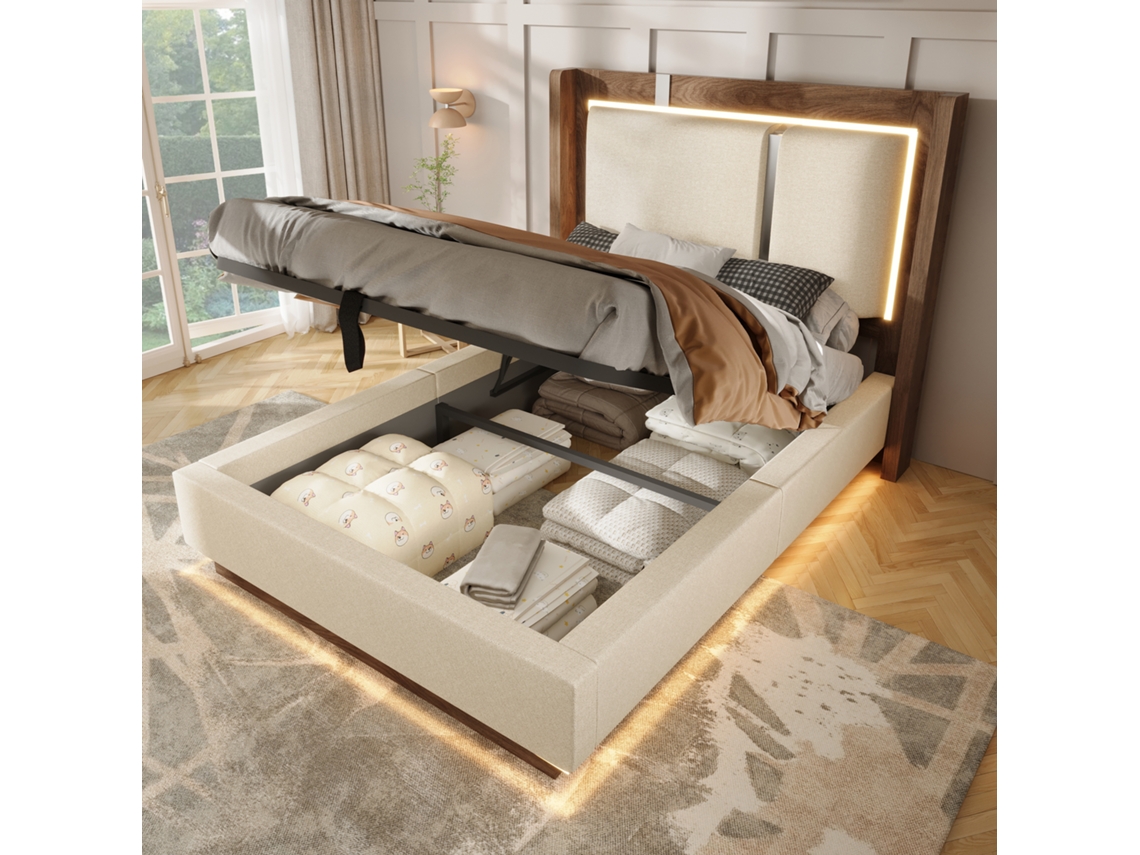 Cama Acolchoada Com Iluminacao Led Sem Colchao E Base Ripada De Linho Com Acabamento Na Cor Nogueira