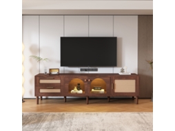 Móvel TV 80 polegadas, 2 Gavetas de Rattan, 2 Portas de Vidro Curvo, Led, 8 Pés, 180x40x50 cm KOMHTOM