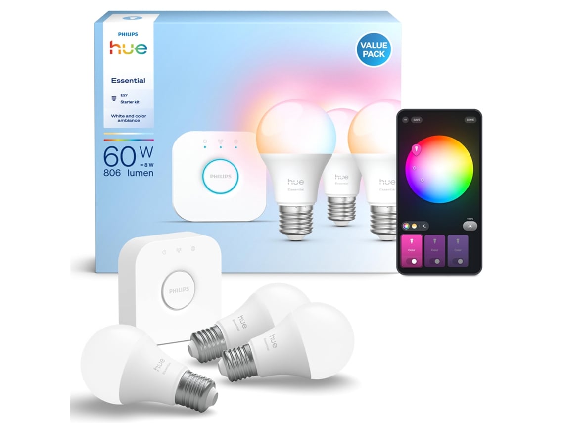 Conjunto PHILIPS Hue Essencial: 3 lâmpadas inteligentes E27 (806