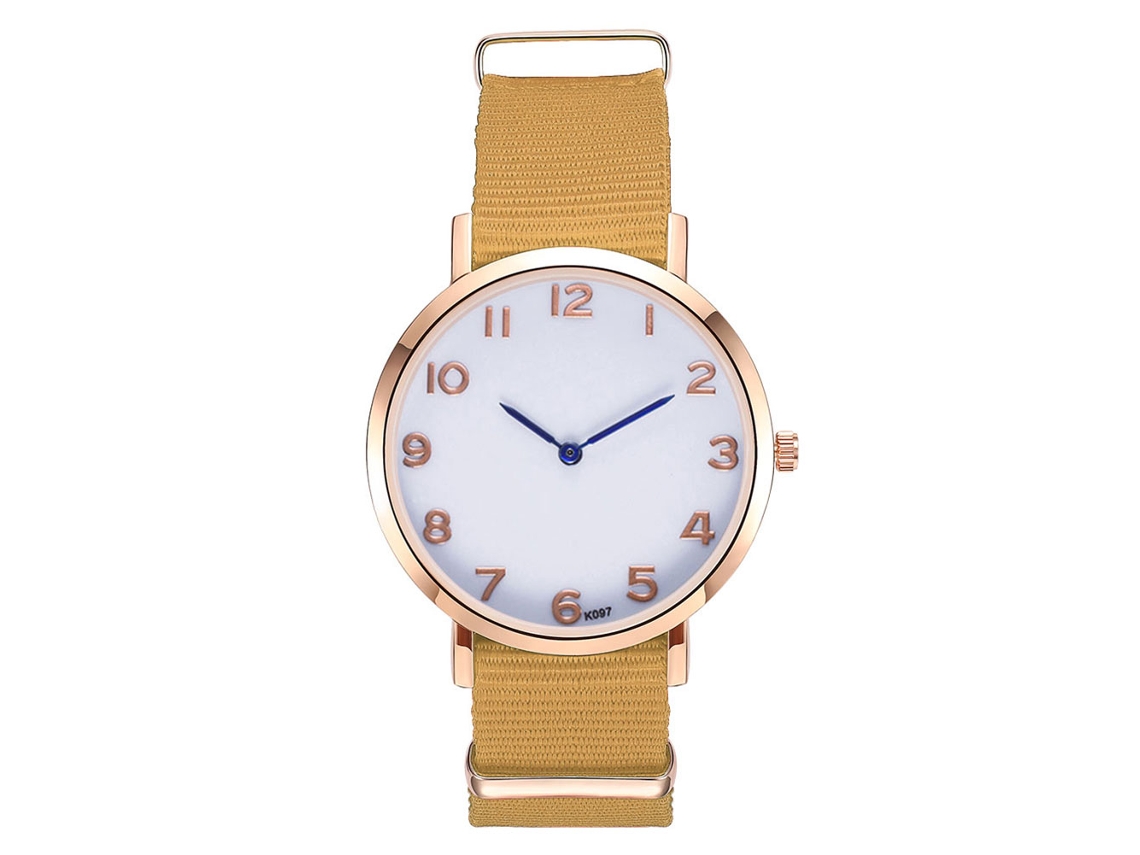 Relógio masculino de quartzo com pulseira de nylon, mostrador redondo simples, amarelo para uso externo.