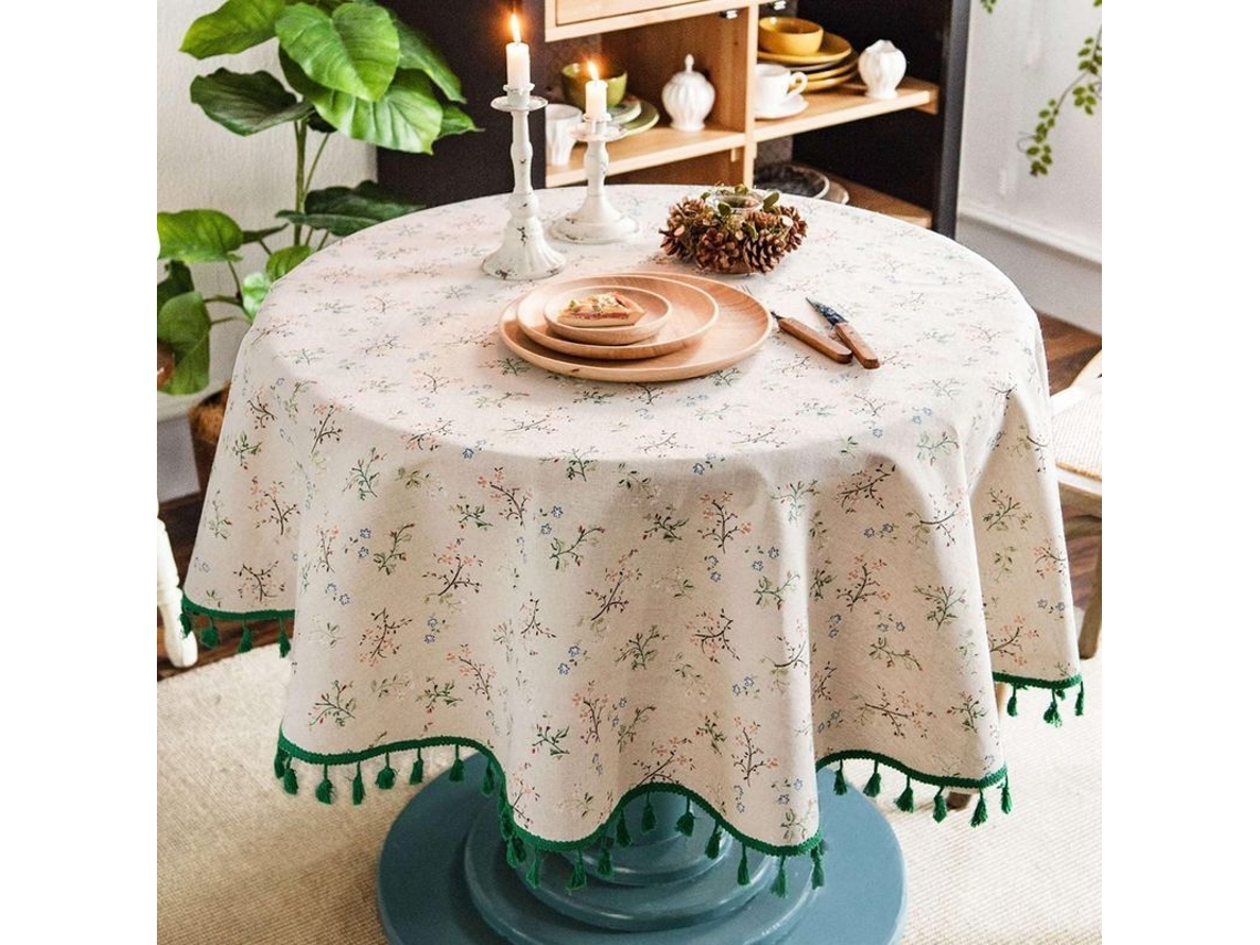 2026-mantel Redondo De Algodón Y Lino Con Estampado Floral, Flecos Verdes, 150cm, Para Mesa De Comedor Y Picnic