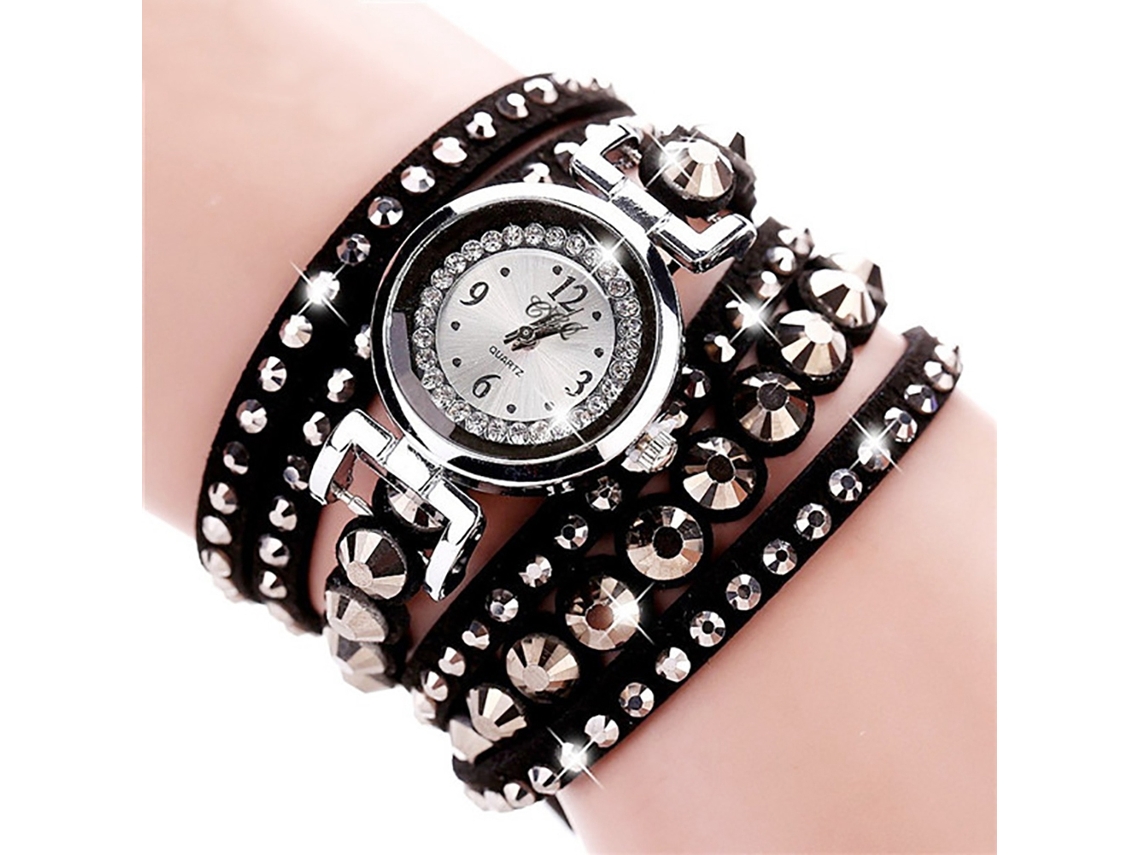 Relógio de Pulso Feminino de Quartzo com Pulseira de Múltiplas Camadas e Strass Preto