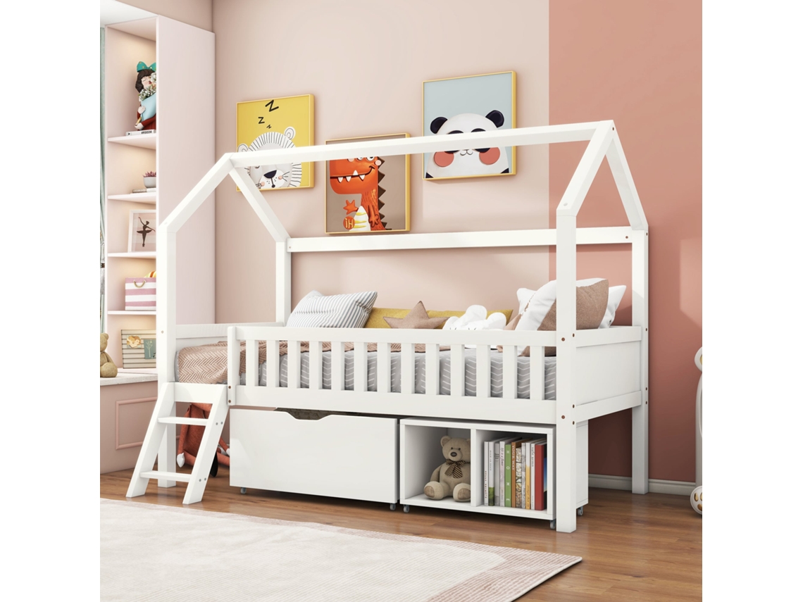 Cama Casinha 90x200 Branca com Gavetas e Grade de Proteção