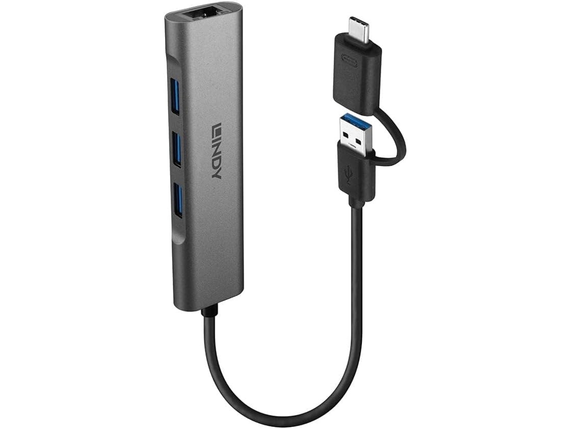LINDY 43379 Hub de interface USB 3.2 Gen 1 3.1 Gen 1 Tipo-A Tipo-C 5000 Mbit/S Cinza