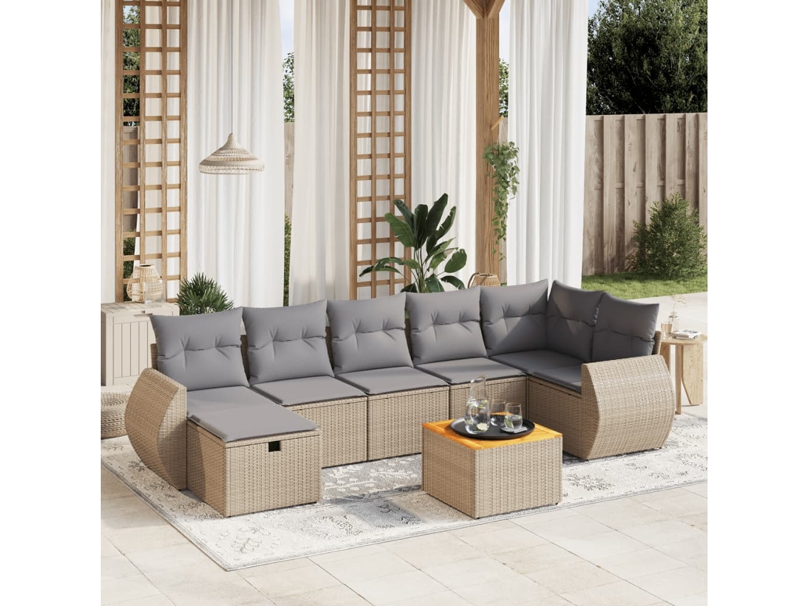 Vidaxl 8 Pcs Conj. Sofás Jardim C/ Almofadões Vime Pe Bege Misturado