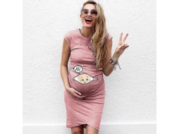 Vestido Maternidad Casual Suelto Plus Size Con Estampado De Cartoons Y Letras Para Embarazadas Rosa S
