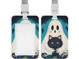 Suporte para cadeira com clipe, estampa de gato fantasma branco e fofo, com cordão, ideal para mesas e reuniões de negócios.