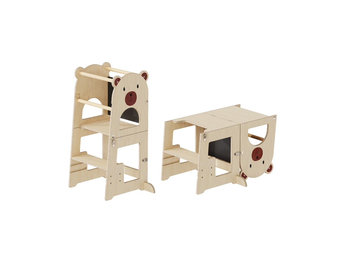 Xperimenta Torre de Aprendizagem de Madeira Montessori Convertível Escrivaninha Infantil e com Lousa para Desenhar Auxiliar de Cozinha BUDDY BABY