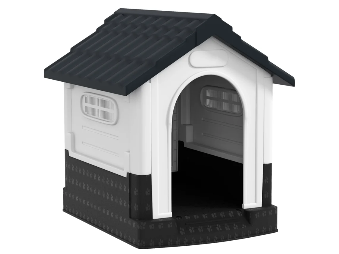 Mini Canil De Plástico Para Exterior Com 3 Janelas, Base Elevada, Telhado Inclinado, 64,5 X 57 X 66 Cm, Cinza Escuro.