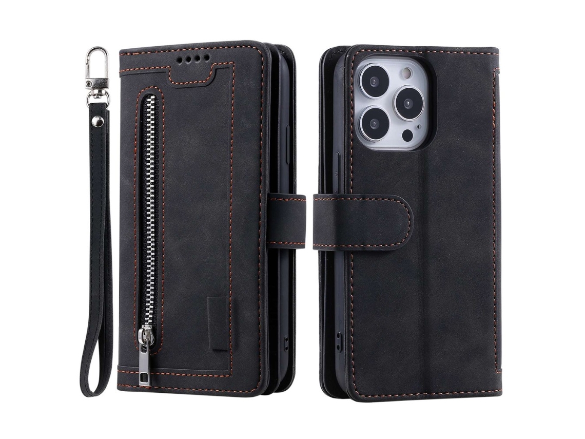 Capa Pega Para Iphone 14 Pro Max Pele Sintética Magnética Com Porta-cartões Preto
