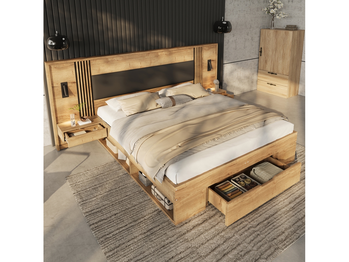 Cama de casal 180x200 cm em madeira com arrumação, candeeiro de leitura, 2 mesas de cabeceira, gavetas, natural VSOGA