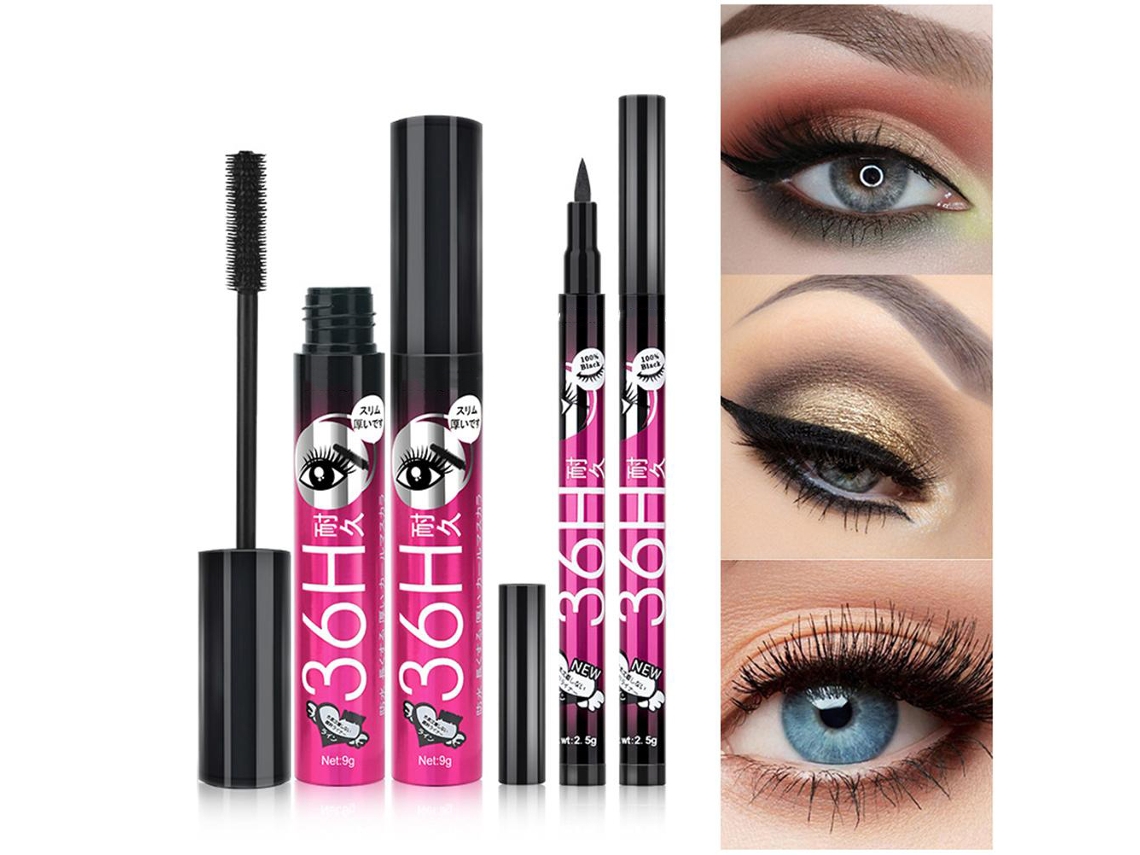 Conjunto De Máscara De Cílios E Delineador Líquido (resistente A Manchas, Impermeável, De Longa Duração E Alongadora) + Eoocoo