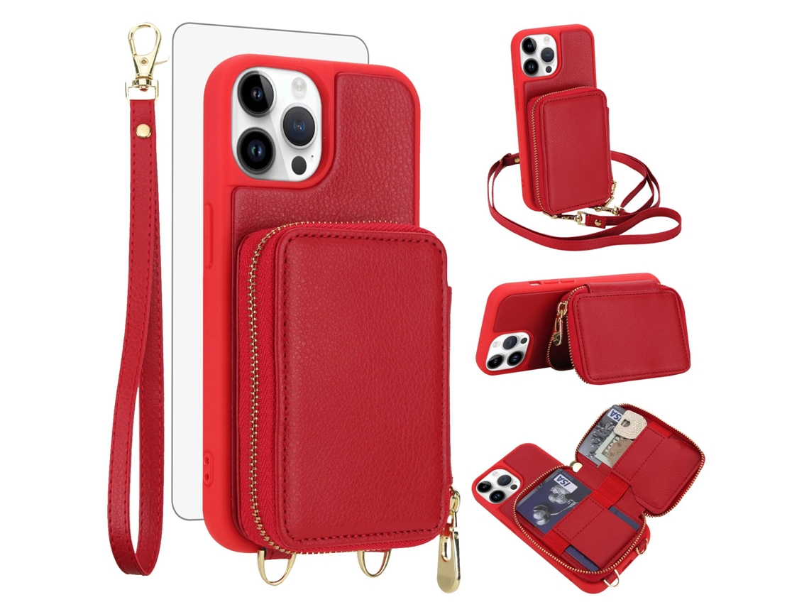 Capa Carteira Para Celular Em Couro Pu+tpu Com Protetor De Tela Para Iphone 15 Pro (6,1 Polegadas) - Vermelha