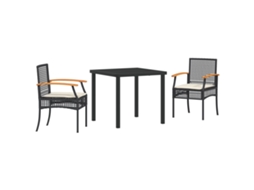 Conjunto 3 De Jantar De Jardim Com Almofadas Vidaxl Preto Rattan Poliéster