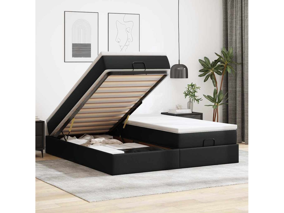 Vidaxl Estrutura De Cama Otomana Com Colchões Pele Artificial Preta