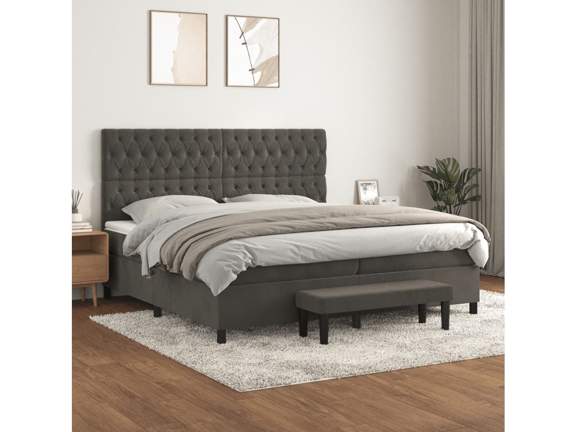 Cama Com Molas/colchão 200x200 Cm Veludo Cinzento-escuro