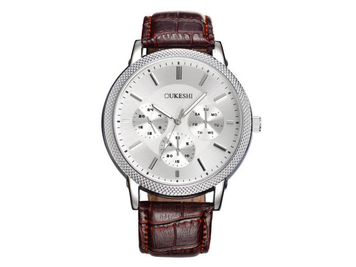 Reloj Analógico Hombre De Cuero Pu Dial Redondo Movimiento De Cuarzo Casual Marrón Blanco