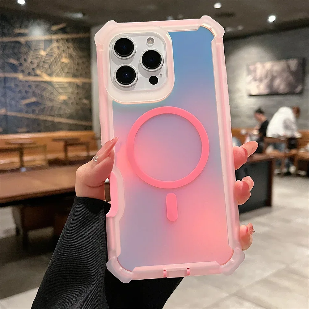 Capa Magnética Para Celular (iphone 15 Pro Max Rosa), Com Efeito Degradê A Laser Aurora Boreal, Capa Protetora Resistente A Impactos.