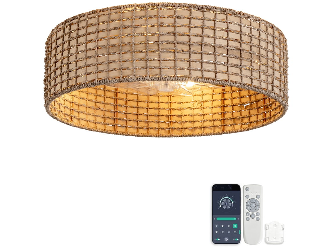 Ventilador De Teto Com Luz Em Rattan 19 Polegadas, Controlo Por Aplicação E Comando, Seis Velocidades Reversíveis