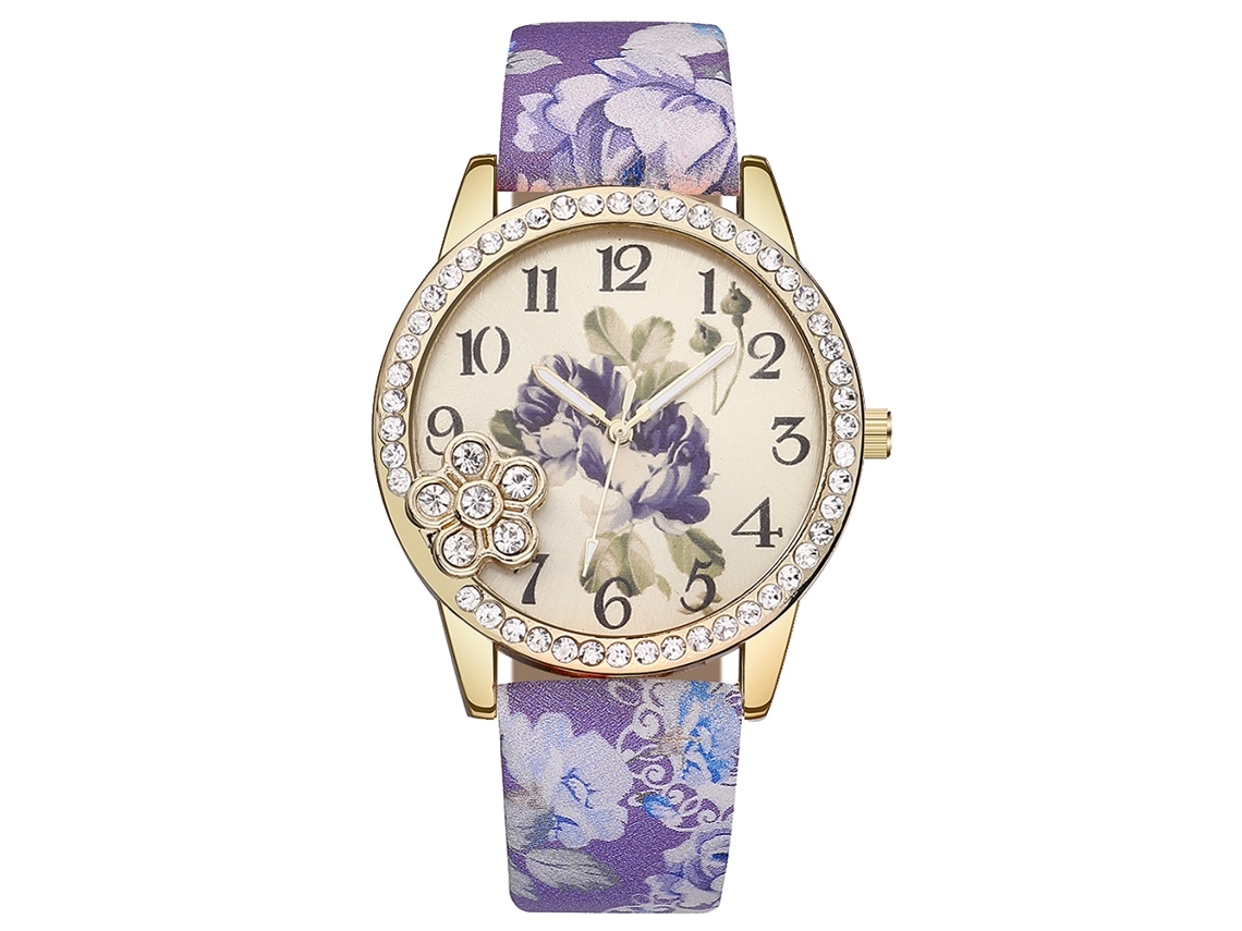 Relógio de Pulso Feminino Vansvar de Quartzo com Pulseira de Couro Pu Estampa Floral e Strass Roxo