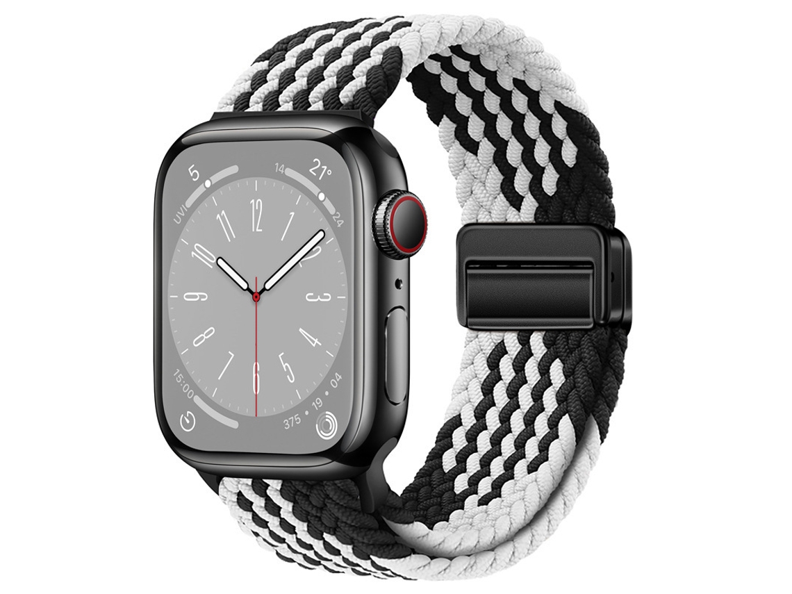Pulseira Elástica Trançada de Nylon Magnético para Apple Watch, Padrão Z Em Arco Íris e Preto Blanco, 44 45 46 49mm