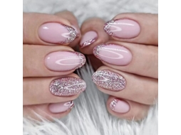 Unhas Falsas de Pressão Curta Almond French Tip Rosa Brilhante com Stickers de Adesivo